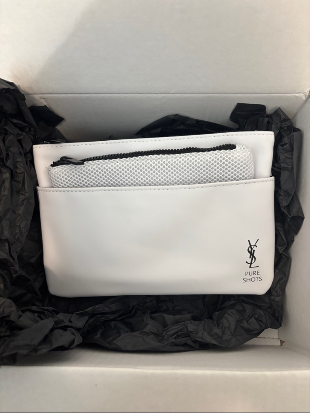 Yves Saint Laurent White Leather Toiletry Pouch with Mesh Insert
